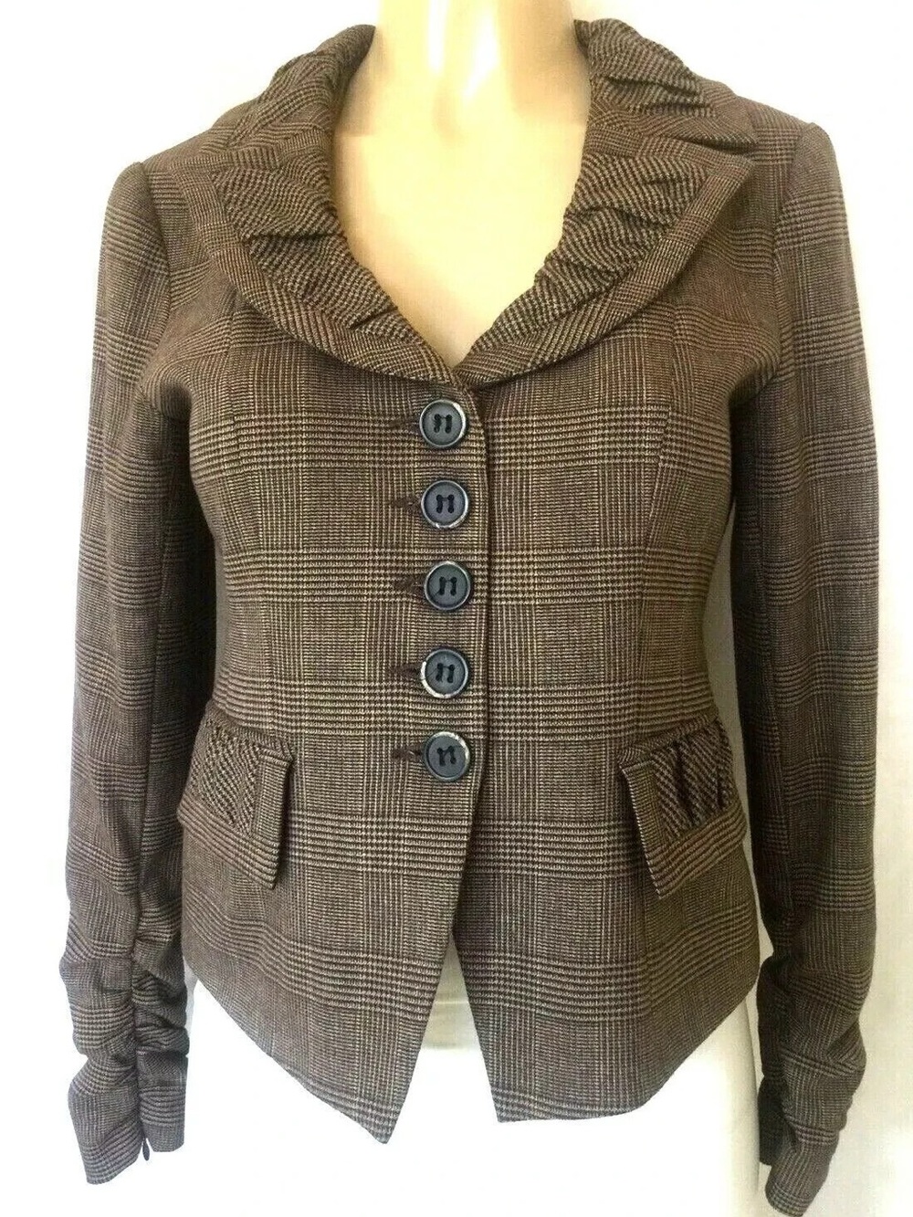 🤎 Nanette Lepore Brown Plaid Ruffle Blazer Jacket Sz 12 EUC Classic Timekess
